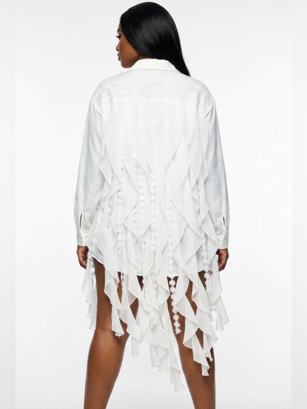 Women's White Ruffle-Back Button-Front Tunic Shirt - Picture 2 of 4